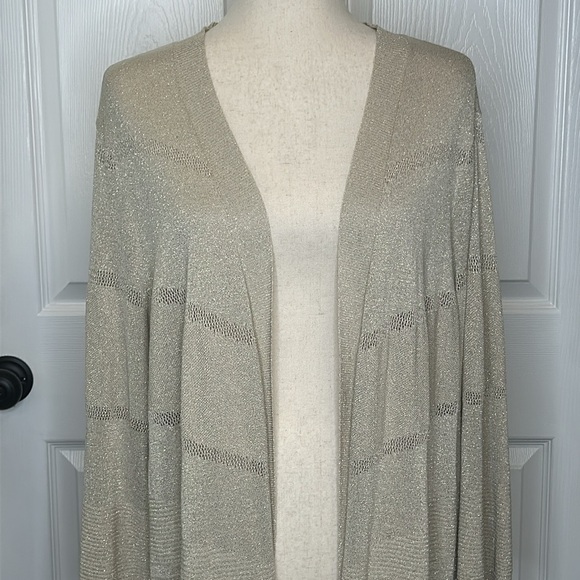 Chico's Shine Cardigan Women's XL Gold Metallic Longline Open Pointelle - Picture 5 of 9